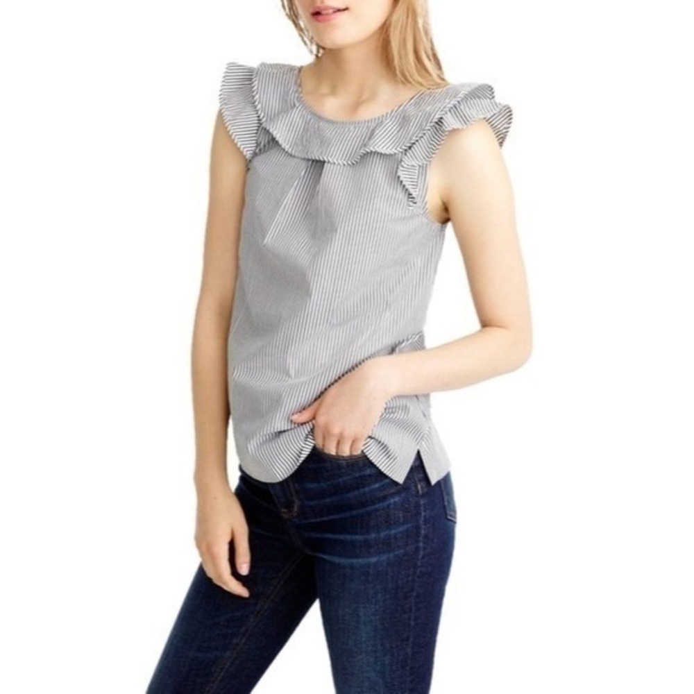 J. Crew • Navy White Seersucker Ruffle Detail Blouse